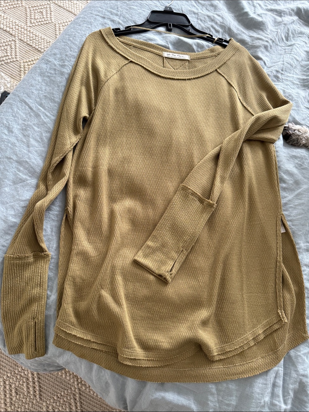 We The Free Olive Green Waffle-Knit Scoop Neck Sweater